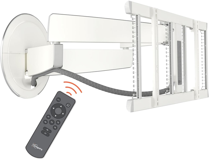 Biały uchwyt ścienny z pilotem. Uchwyt jest do telewizora. Pilot jest szary z logo Vogel's.