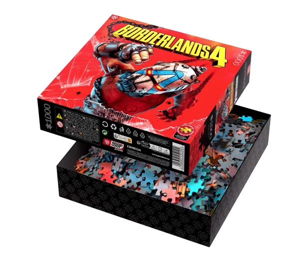 Otwarta skrzynka z puzzlami Borderlands 4, ujawniająca elementy. Na pudełku postać z robotycznym ramieniem na czerwonym tle.