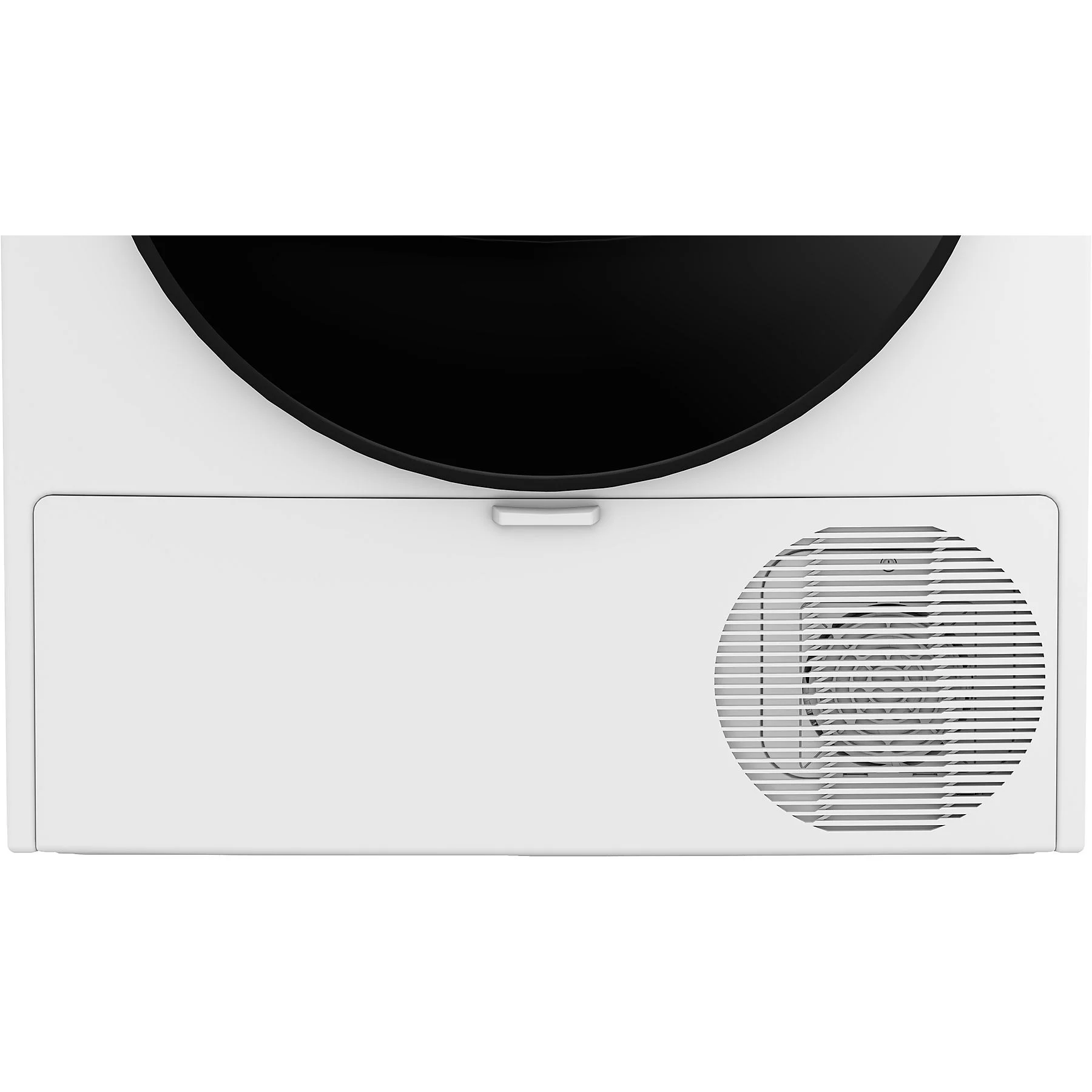 Biała suszarka z czarnym blatem. Ma otwór wentylacyjny i uchwyt. Projekt jest nowoczesny i elegancki.