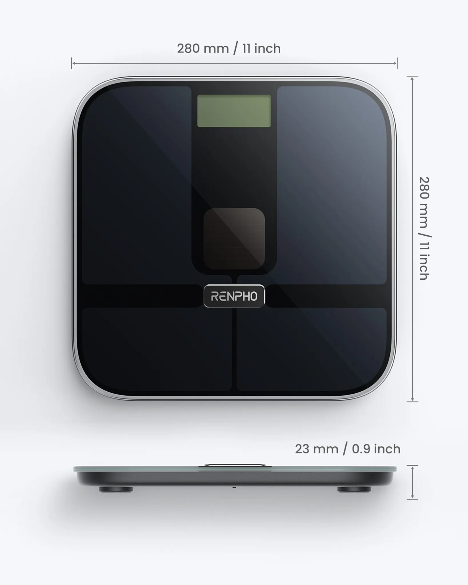 Czarna waga cyfrowa z wymiarami, w tym wyświetlaczem i marką 'RENPHO'. Tło jest białe.