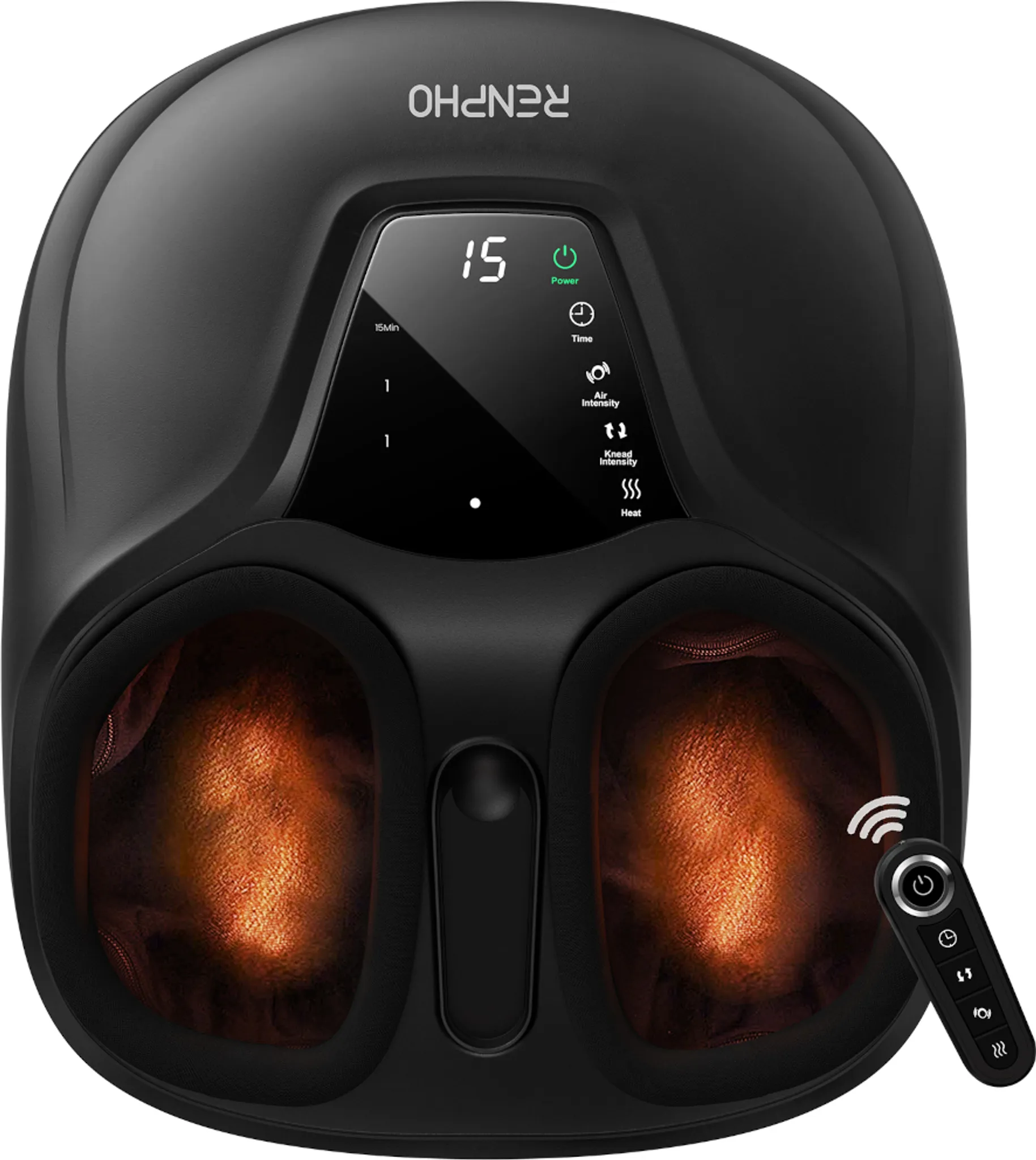 Czarny masażer do stóp z cyfrowym wyświetlaczem pokazującym 15 minut. Zawiera pilota. Dwa wgłębienia na stopy z pomarańczową poświatą.