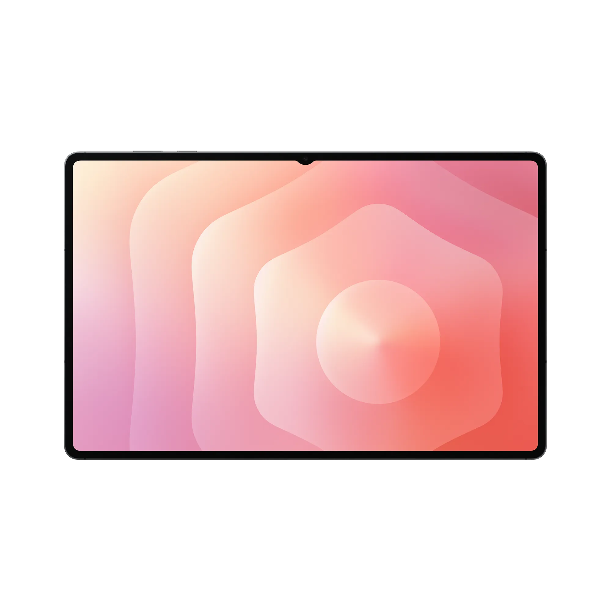 Tablet z gradientem różu i koralu na ekranie, czarna ramka, na białym tle.