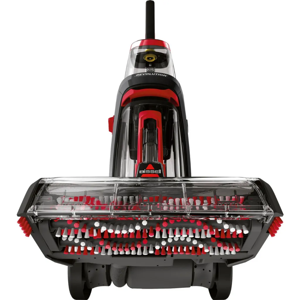 Odkurzacz Bissell Revolution. Ma czerwono-czarną konstrukcję. Głowica szczotki jest widoczna z czerwonym i białym włosiem.