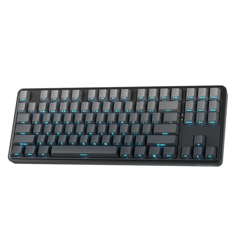 Czarna klawiatura mechaniczna z szarymi nakładkami na klawisze i niebieskim podświetleniem. Klawisze są opisane literami, cyframi i symbolami.