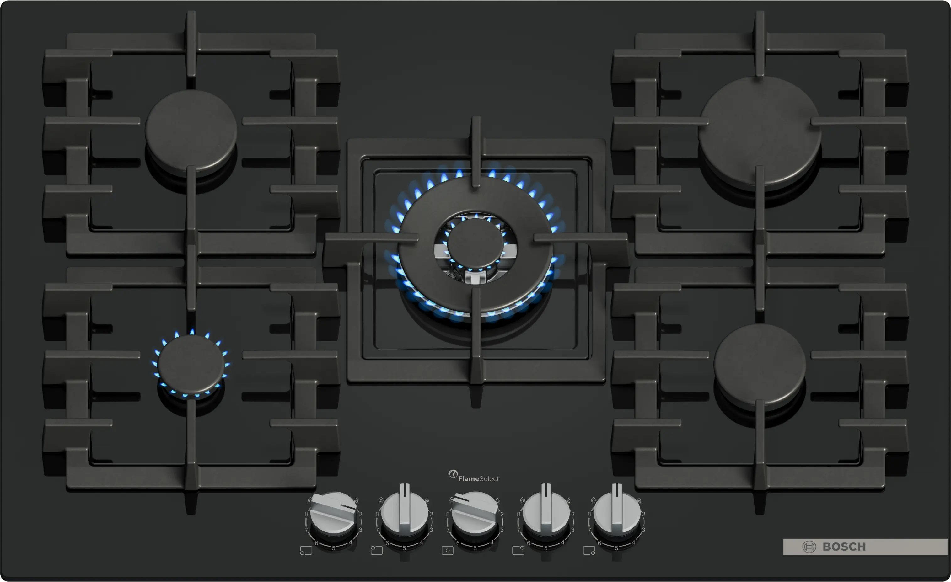 Bosch PPQ7A6I40, 5 zonas, 28 cm Zona grande, Gas natural, 75.2 cm, Negro