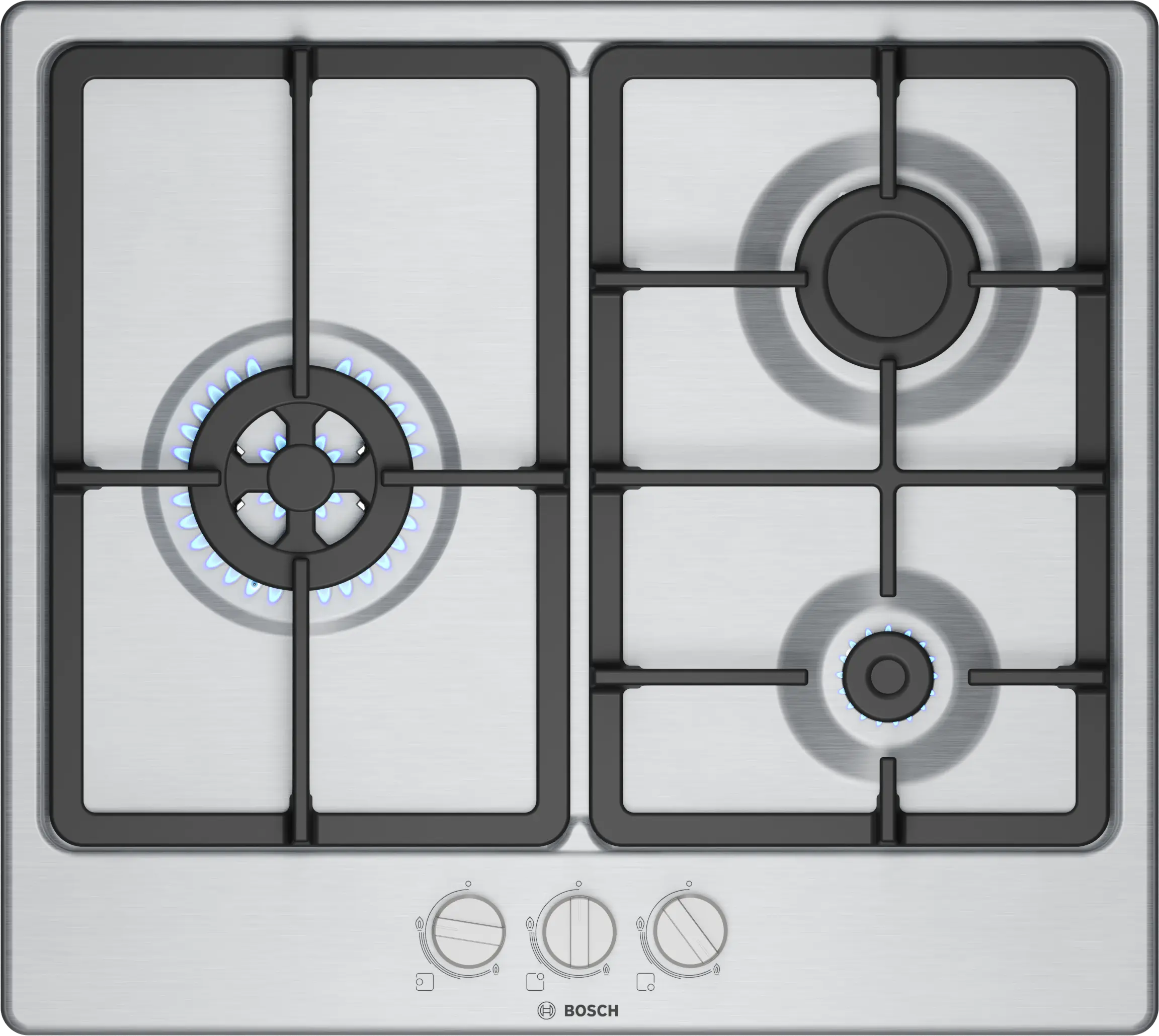 REACONDICIONADO Seminuevo Muy bueno Placa de gas - Bosch PGC6B5K90, 3 zonas, 28 cm zona grande, Gas natural, 58.2 cm, Acero inoxidable