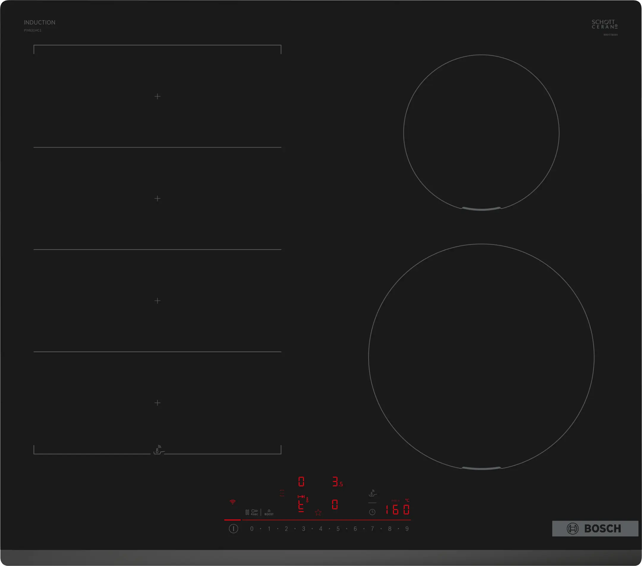 Bosch PIX631HC1E, 4 zonas, 21 cm zona grande, 59.2 cm, Negro