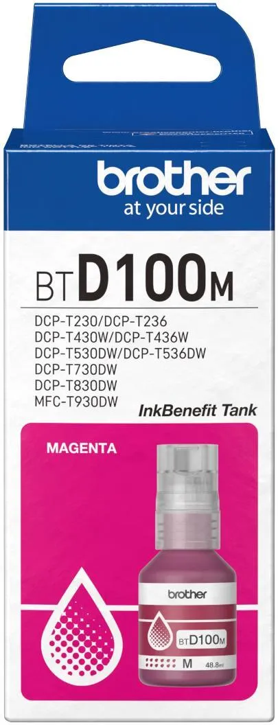 Butelka z tuszem Brother, magenta. Etykieta zawiera informacje o produkcie i kompatybilnych modelach drukarek. Biała ikona kropli.