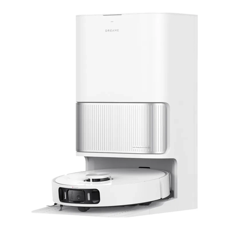 Biały robot sprzątający ze stacją ładującą. Odkurzacz z przodu, stacja z tyłu.