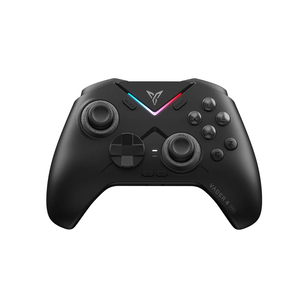 Czarny kontroler do gier z podświetlanym logo i przyciskami na czarnym tle.