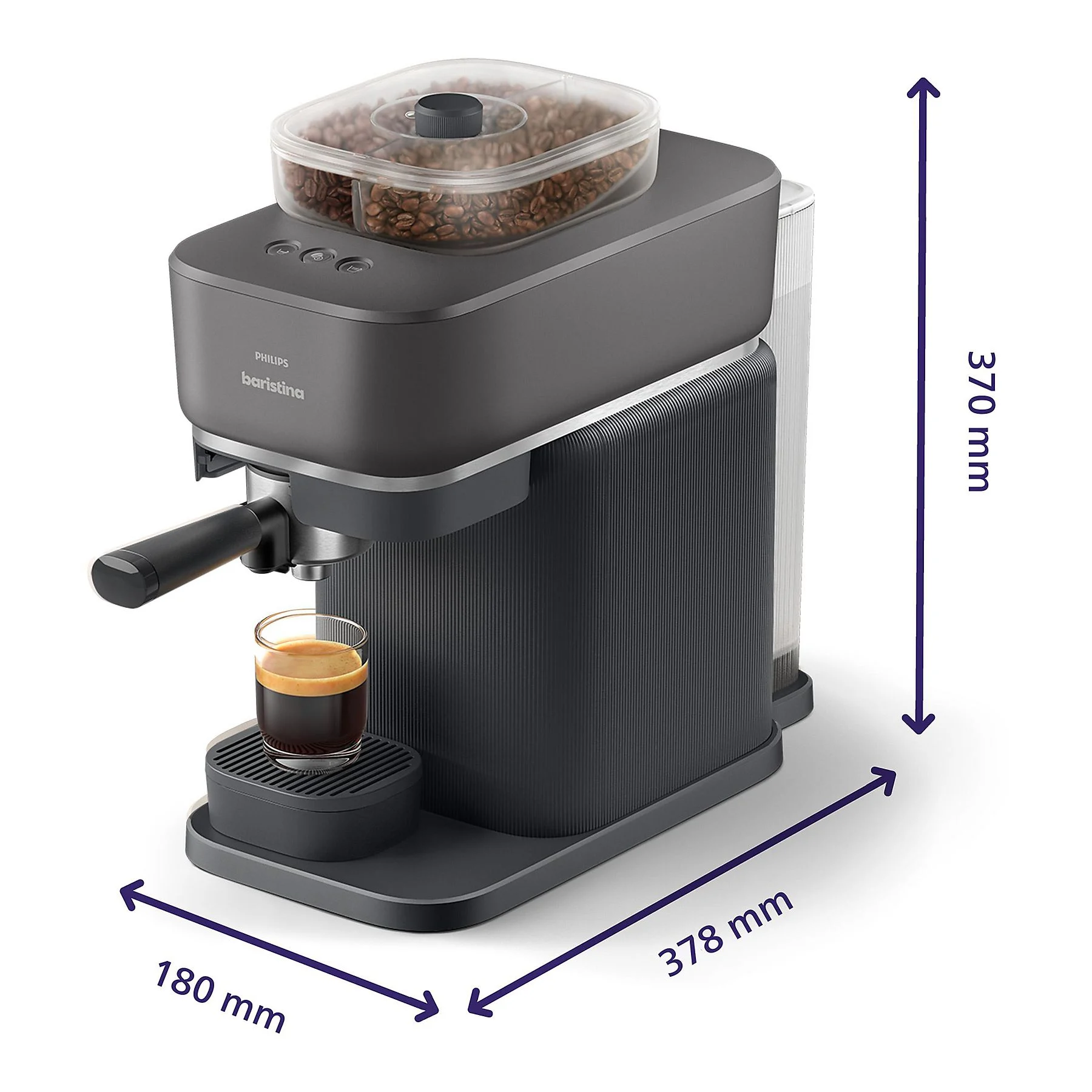 Ciemny ekspres do kawy Philips Barista ze zbiornikiem na ziarna i szklanką espresso.