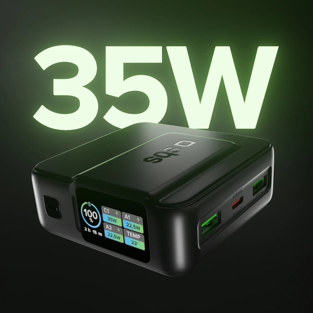 Czarny power bank z napisem 35W, wieloma portami i cyfrowym wyświetlaczem.