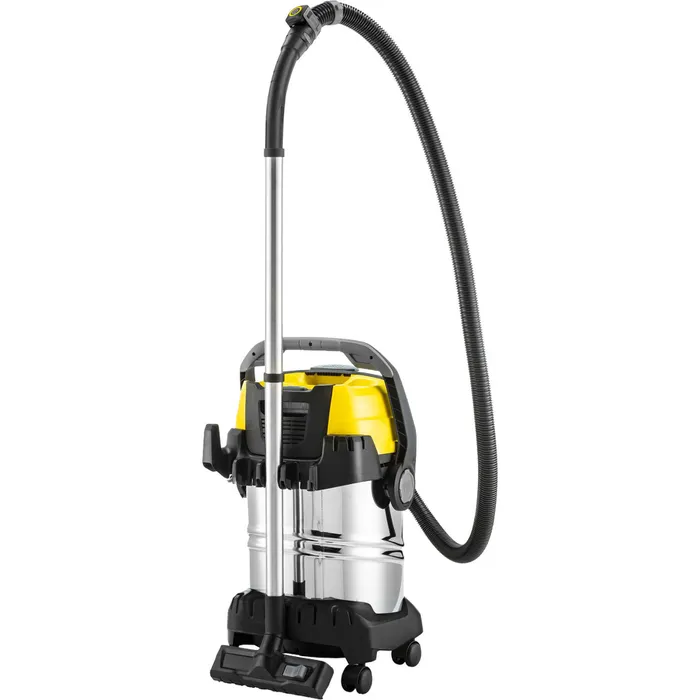 Żółto-srebrny odkurzacz do pracy na mokro i na sucho z czarnym wężem.