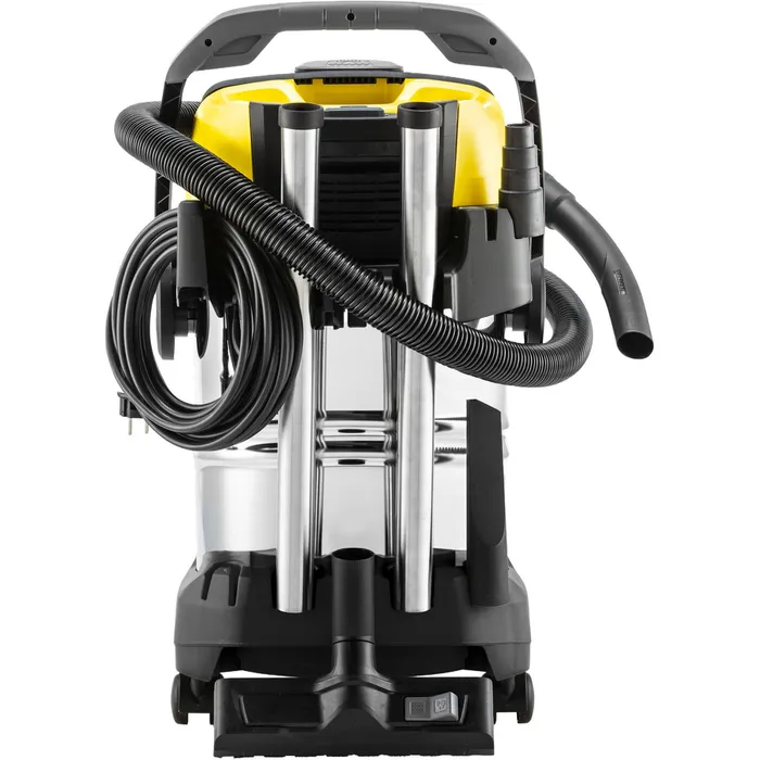 Żółto-srebrny odkurzacz do pracy na mokro i sucho z wężem i uchwytem.