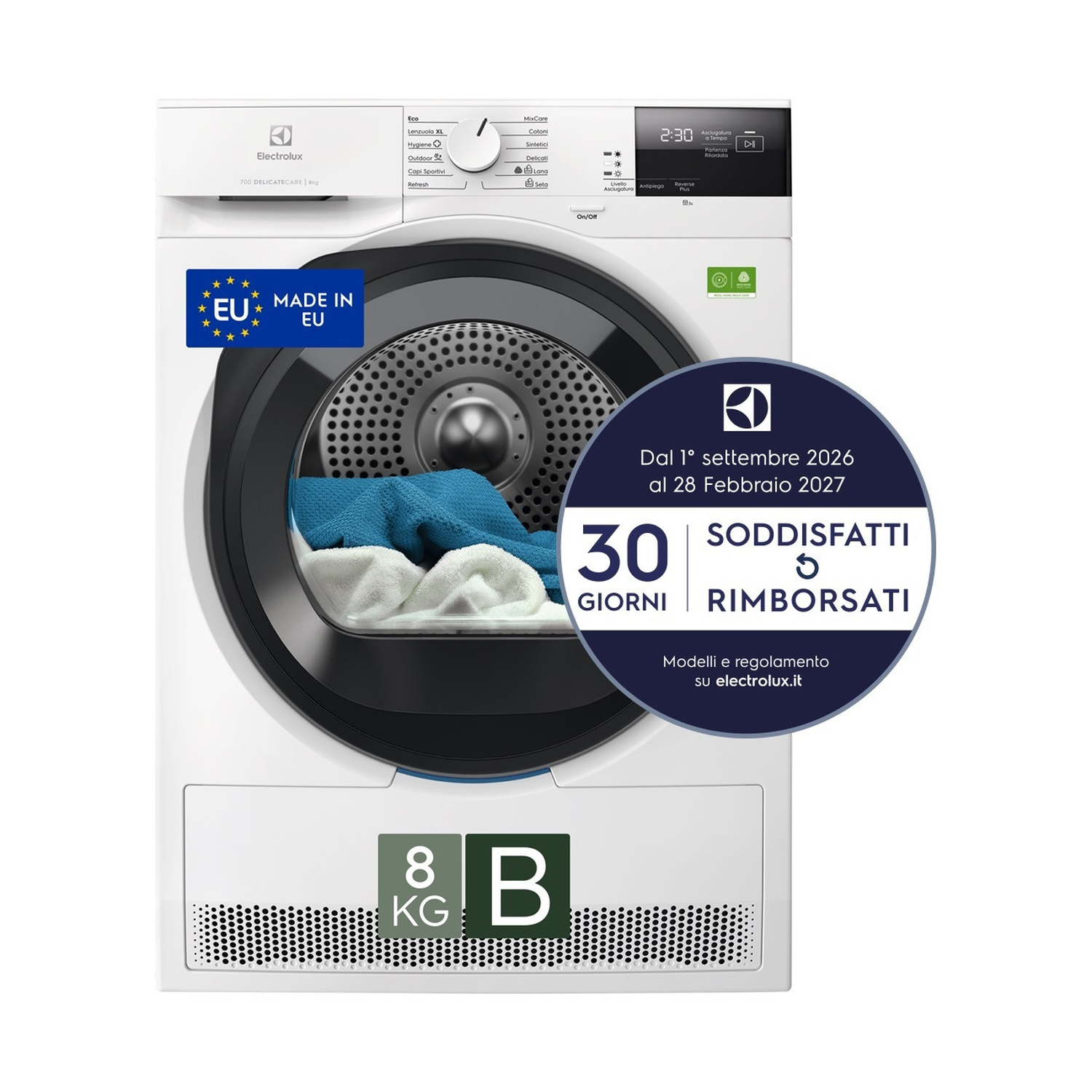 Asciugatrice ELECTROLUX EW7H28B, a pompa di calore, 8 Kg, profondità 63,6 cm,  Filtro EasyClean, SensiCare, Classe B