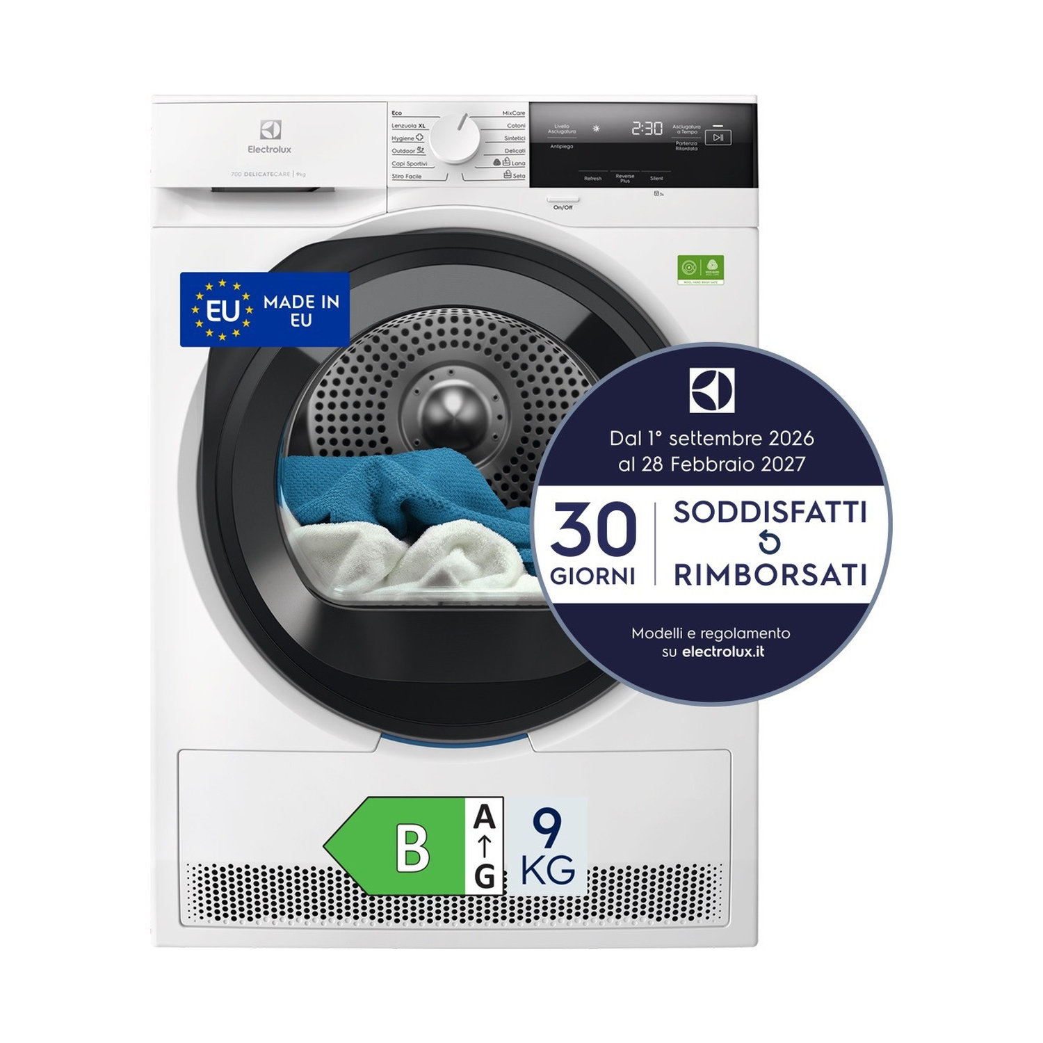 Asciugatrice ELECTROLUX EW7H39B, a pompa di calore, 9 kg, profondità 63,6 cm, Filtro EasyClean, SensiCare, Classe B