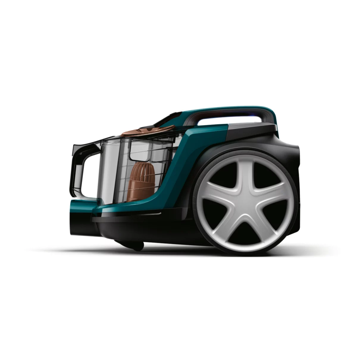 Niebiesko-czarny odkurzacz na białym tle, z dużymi srebrnymi kołami.