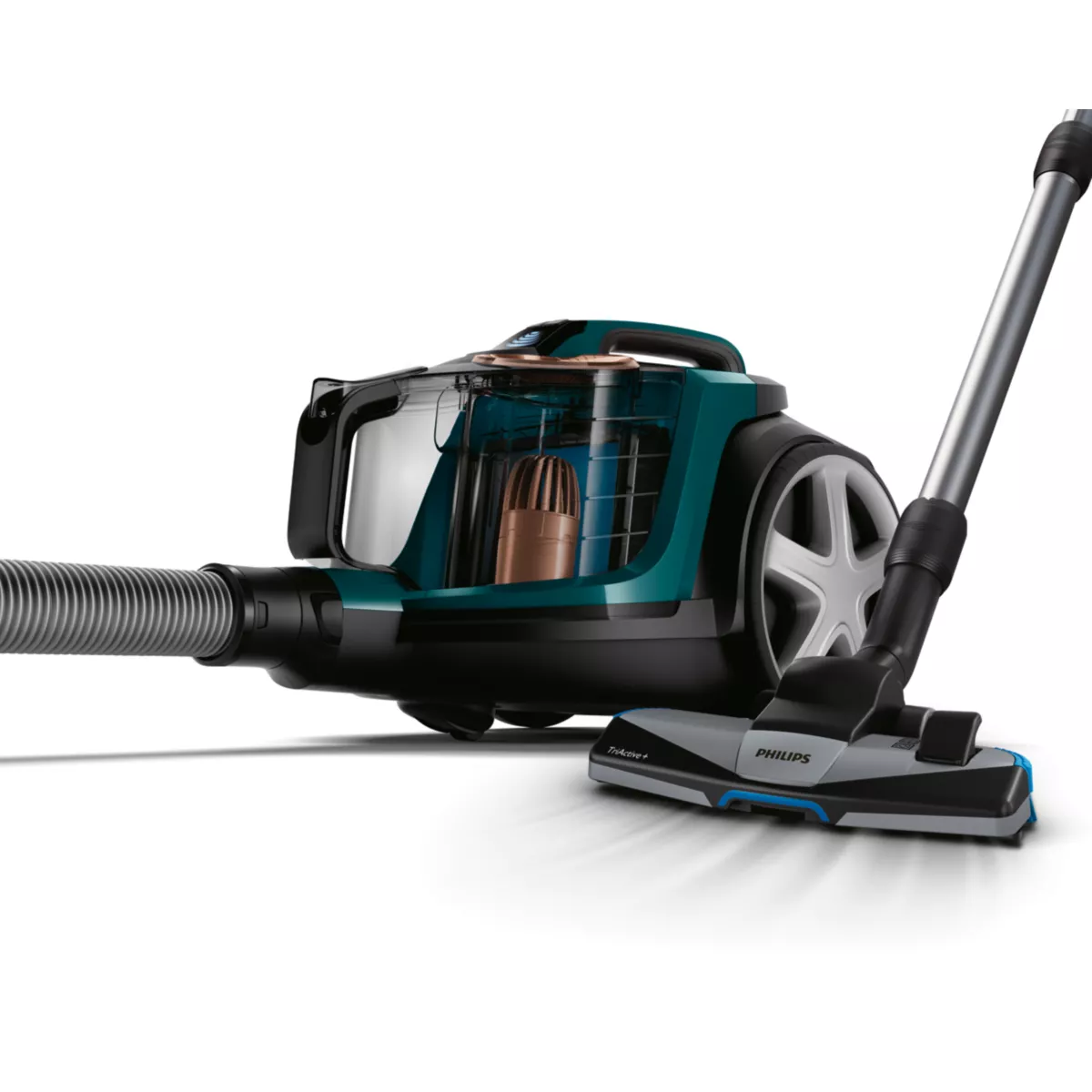 Turkusowy i czarny odkurzacz na białym tle. Zawiera wąż, korpus, koła i szczotkę.