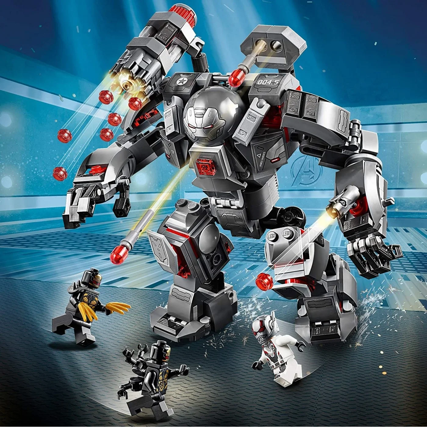 Zestaw Lego z dużym mechem War Machine z figurkami Iron Mana i Ant-Mana.