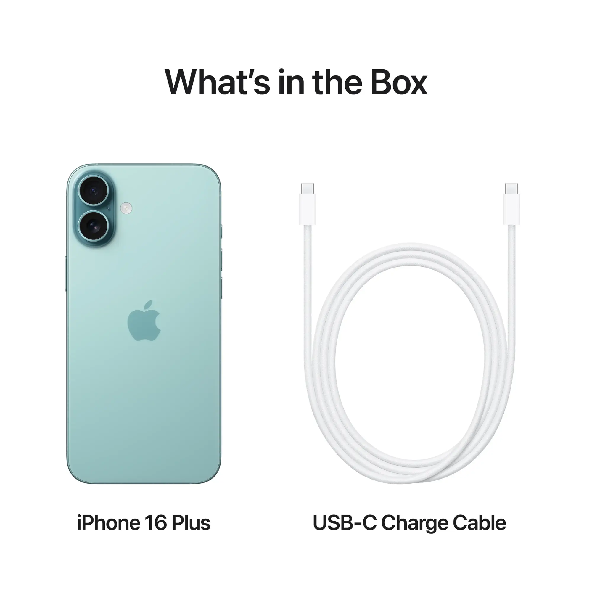 iPhone 16 Plus i kabel ładowania USB-C na białej powierzchni, białe tło.