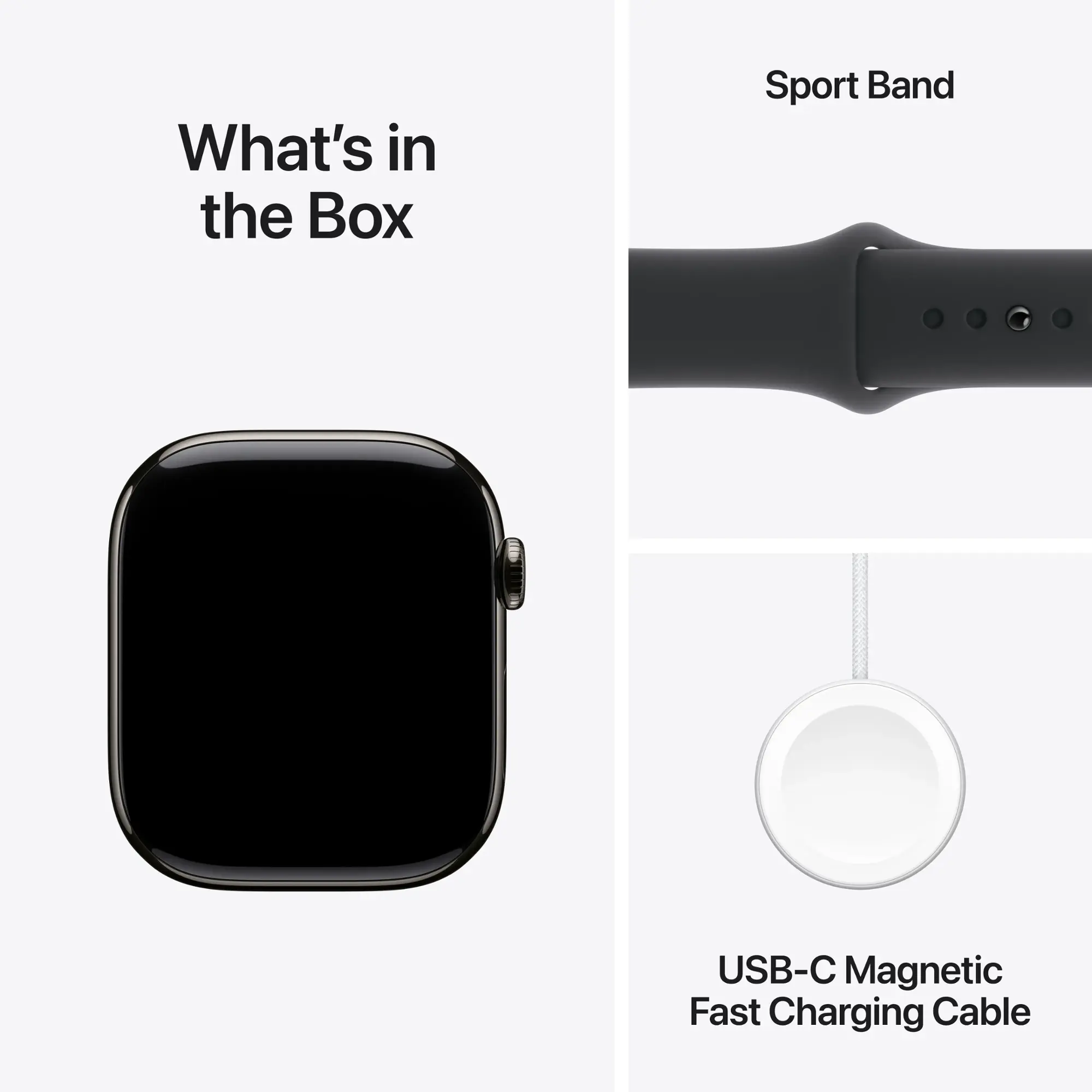 Zawartość pudełka Apple Watch: zegarek, pasek sportowy i kabel ładujący.