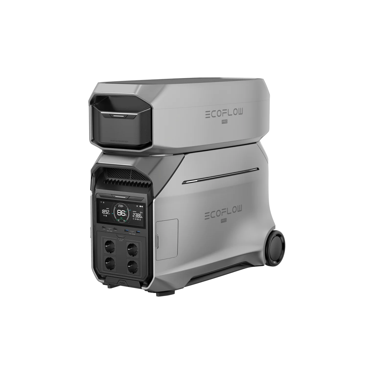 Srebrna elektrownia EcoFlow Pro. Elektrownia to dwuczęściowa jednostka na kółkach.