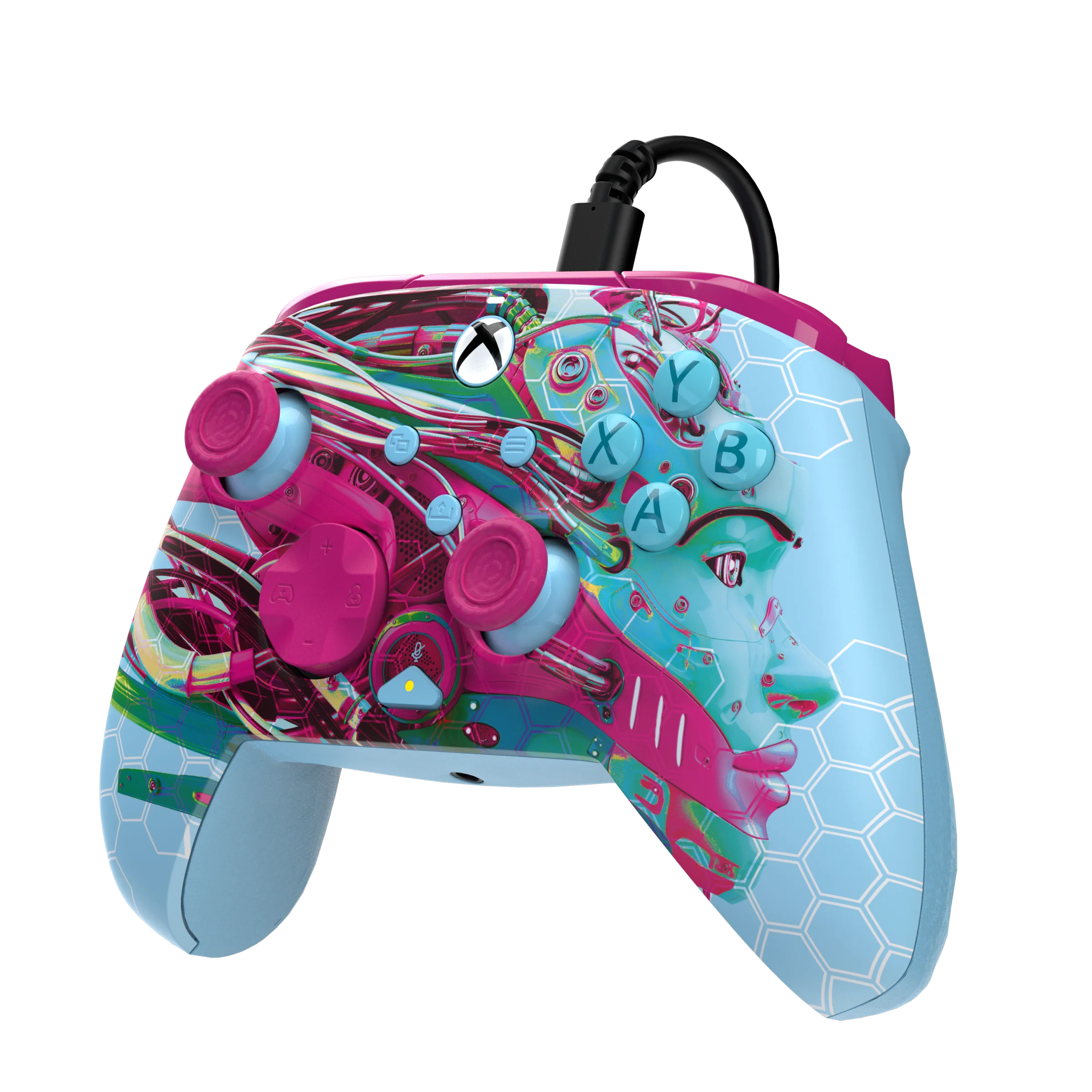 Kolorowy kontroler do gier z motywem twarzy na czarnym tle.