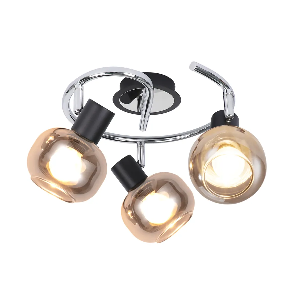 Lampa sufitowa z trzema okrągłymi światłami, chromowane wykończenie, białe tło.