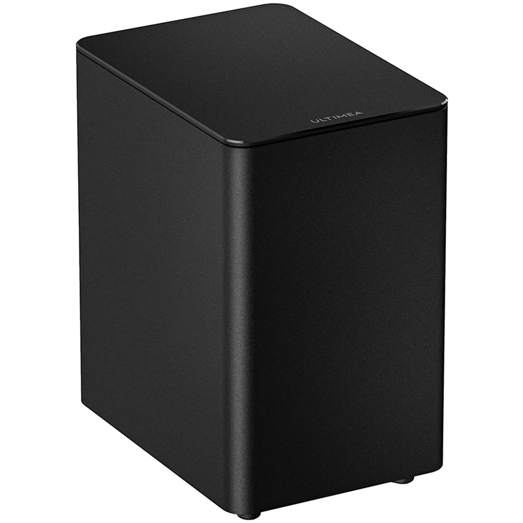 Czarny subwoofer. Na górze znajduje się marka 'ULTIMEA', a kształt to prosta kostka.