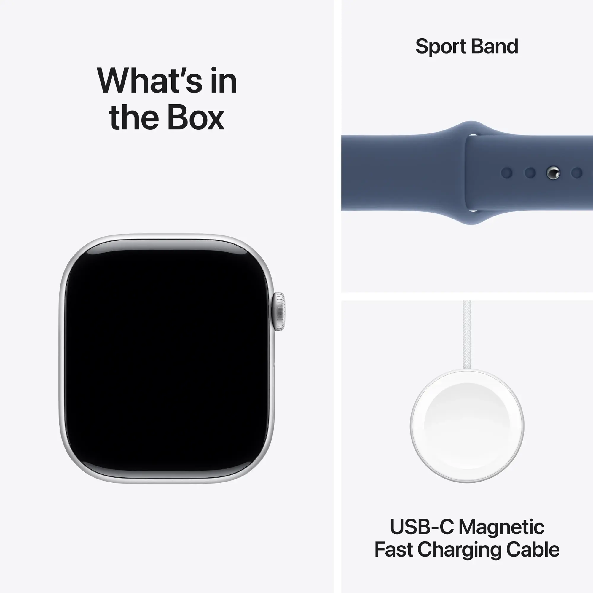Apple Watch, niebieski pasek sportowy i kabel ładujący. Przedmioty na białym tle.