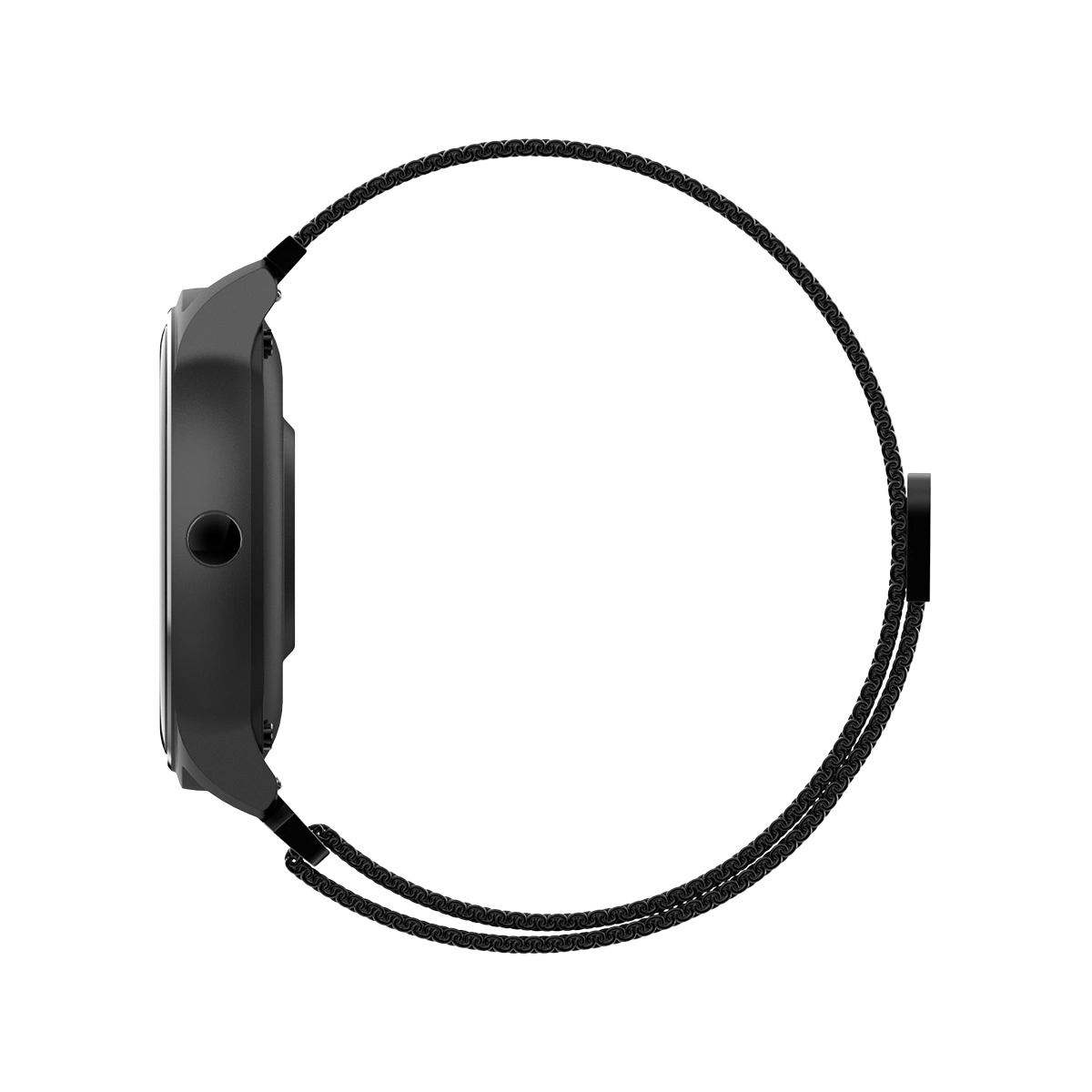 Czarny smartwatch z boku. Ma okrągłą tarczę z czarnym metalowym paskiem.