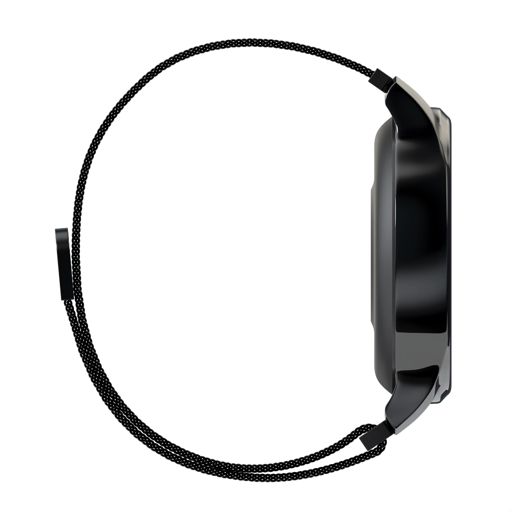 Czarny smartwatch z czarnym paskiem, widok z boku. Pasek jest okrągły, a zegarek czarny.