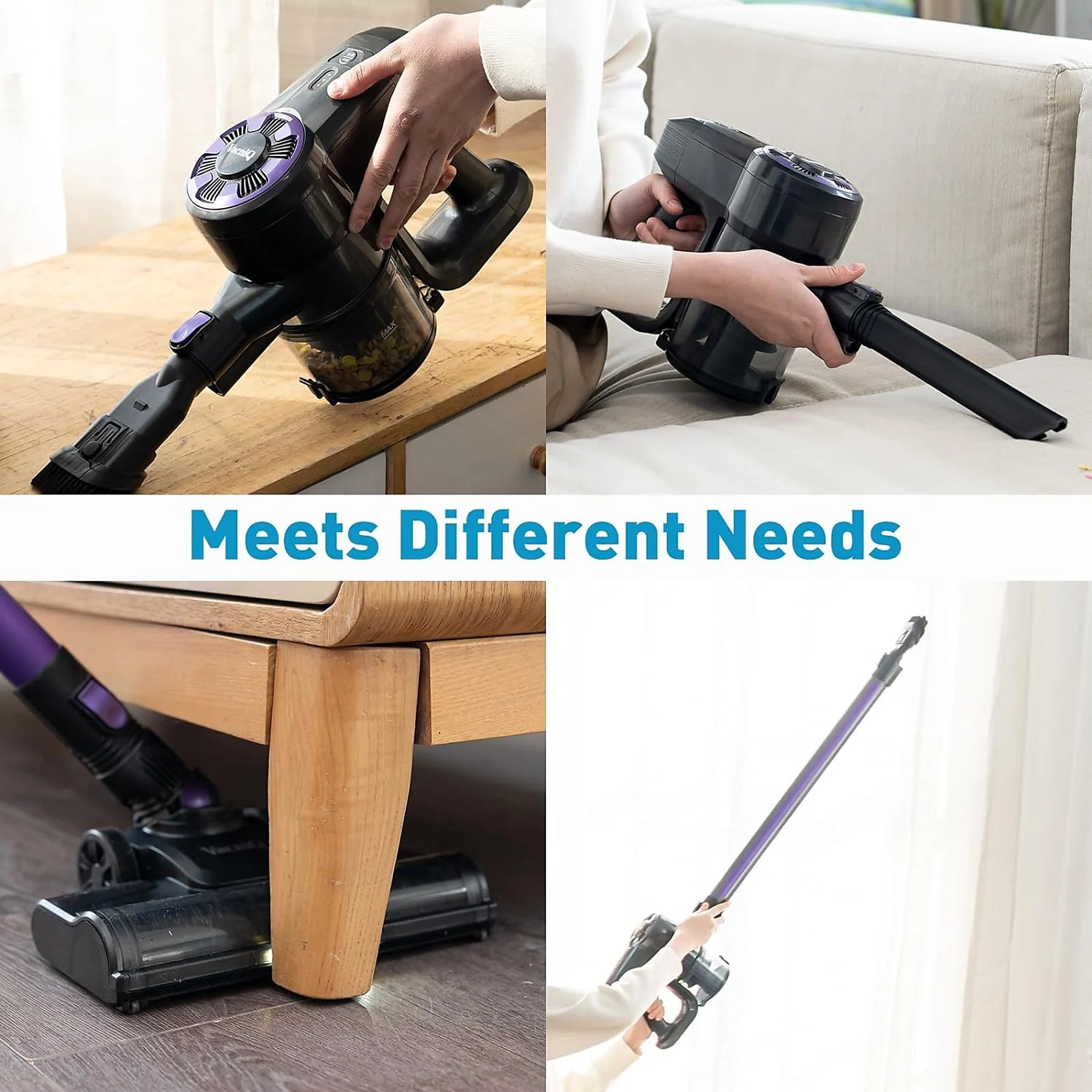 Wiele ujęć czarnego i fioletowego odkurzacza ręcznego w użyciu, z nakładką tekstową.