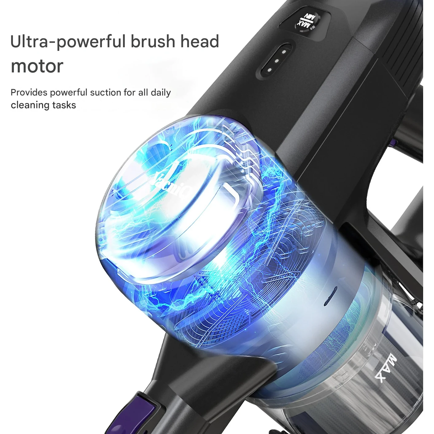 Zbliżenie silnika odkurzacza z niebieskimi liniami energii.