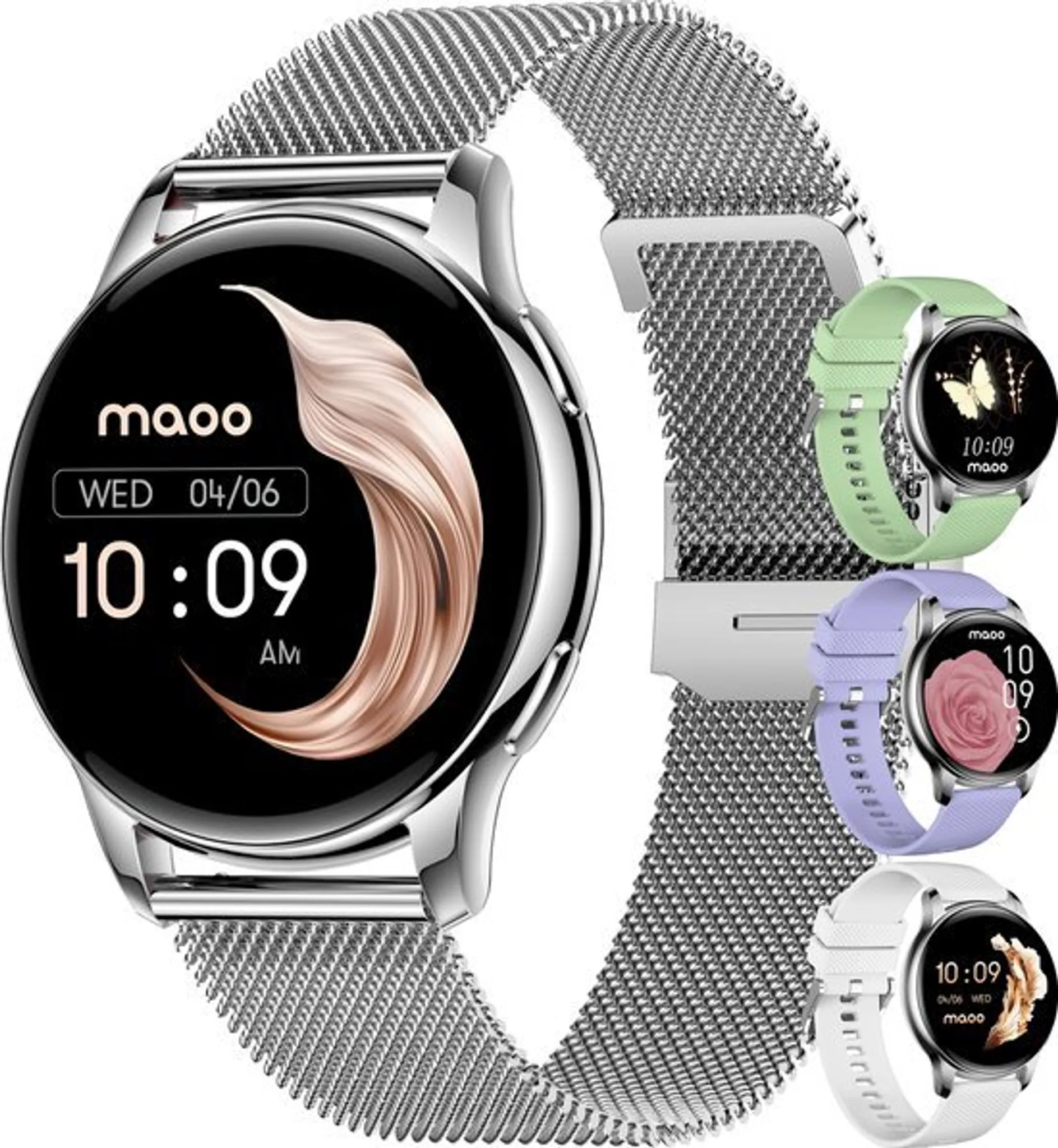 MAOO Ventura Smartwatch Damen AMOLED Always-On Telefonieren Nachrichten Edelstahlarmband + 3 Silikonarmbänder, 20 mm, Weiß; Silber