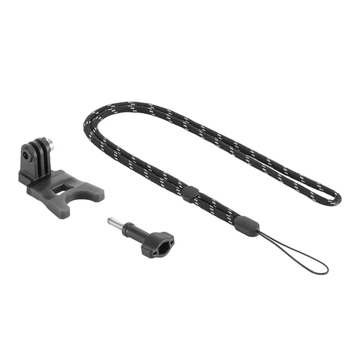 Czarno-biała smycz w paski z załącznikami. Mały uchwyt, śruba i wspornik.