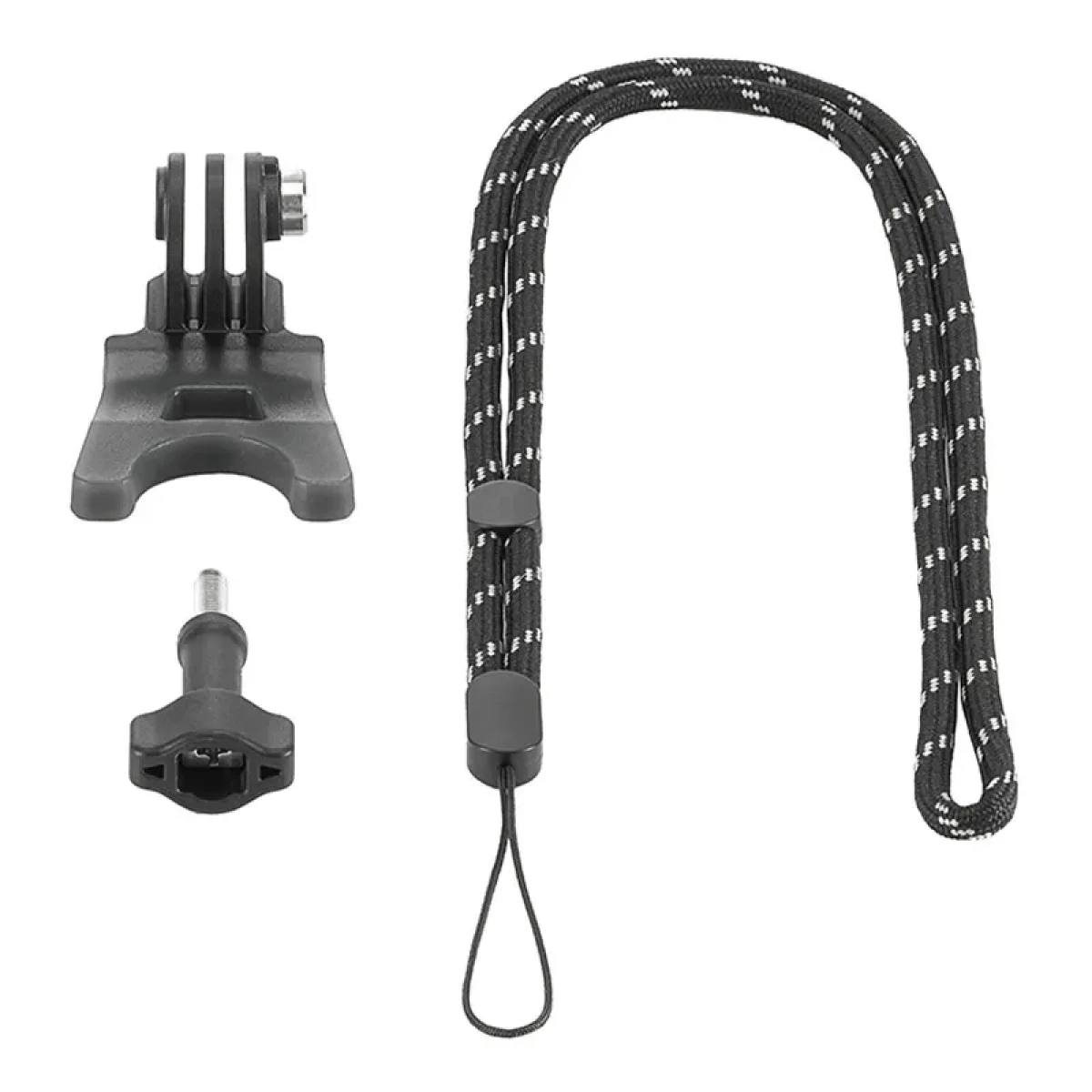 Czarno-biała smycz w paski z załącznikami. Mały uchwyt, śruba i wspornik.