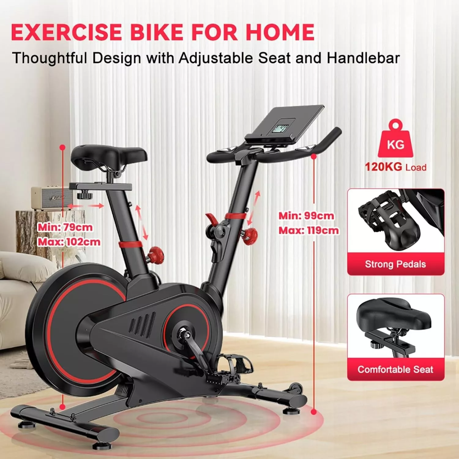 Czarny rower treningowy z czerwonymi akcentami. Regulowane siodełko i kierownica. Pokazuje obciążenie.