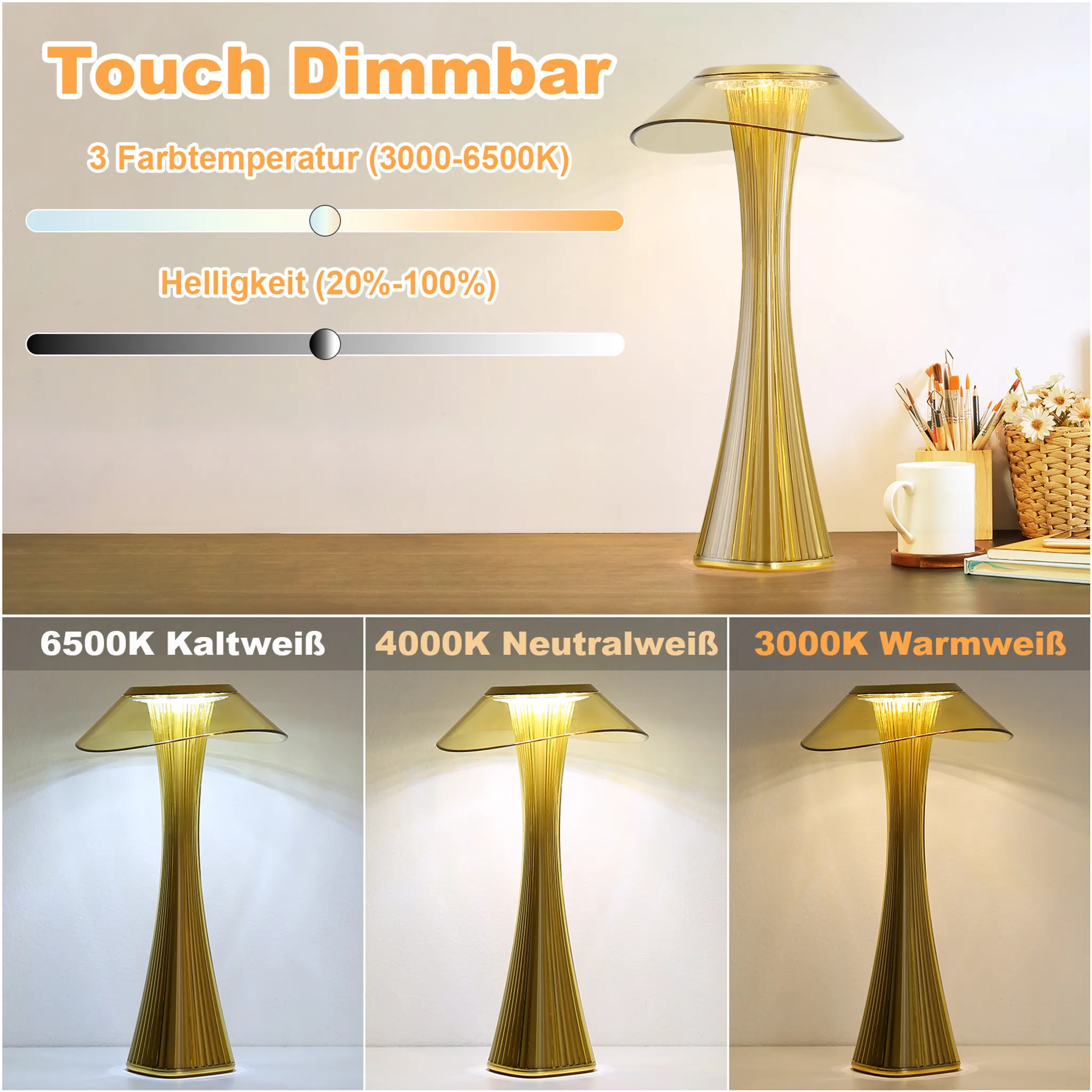 Złota lampa stołowa z rozszerzanym kloszem. Obrazek pokazuje również różne ustawienia światła.