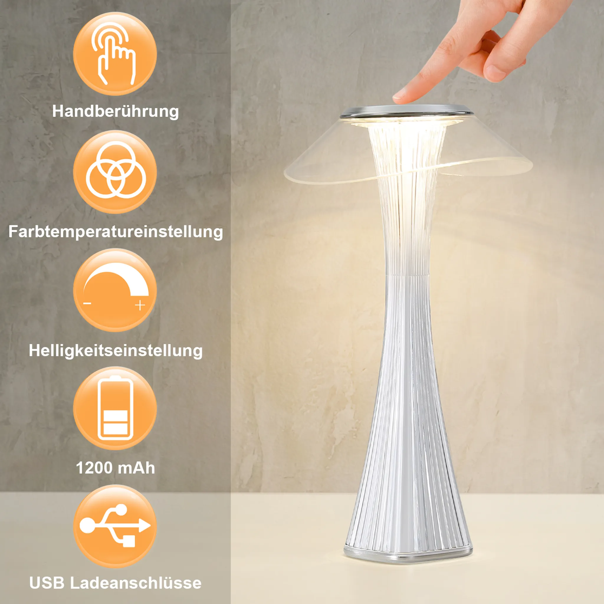 Przezroczysta, nowoczesna lampa stołowa. Funkcje obejmują sterowanie dotykowe, regulację koloru i jasności oraz ładowanie przez USB.
