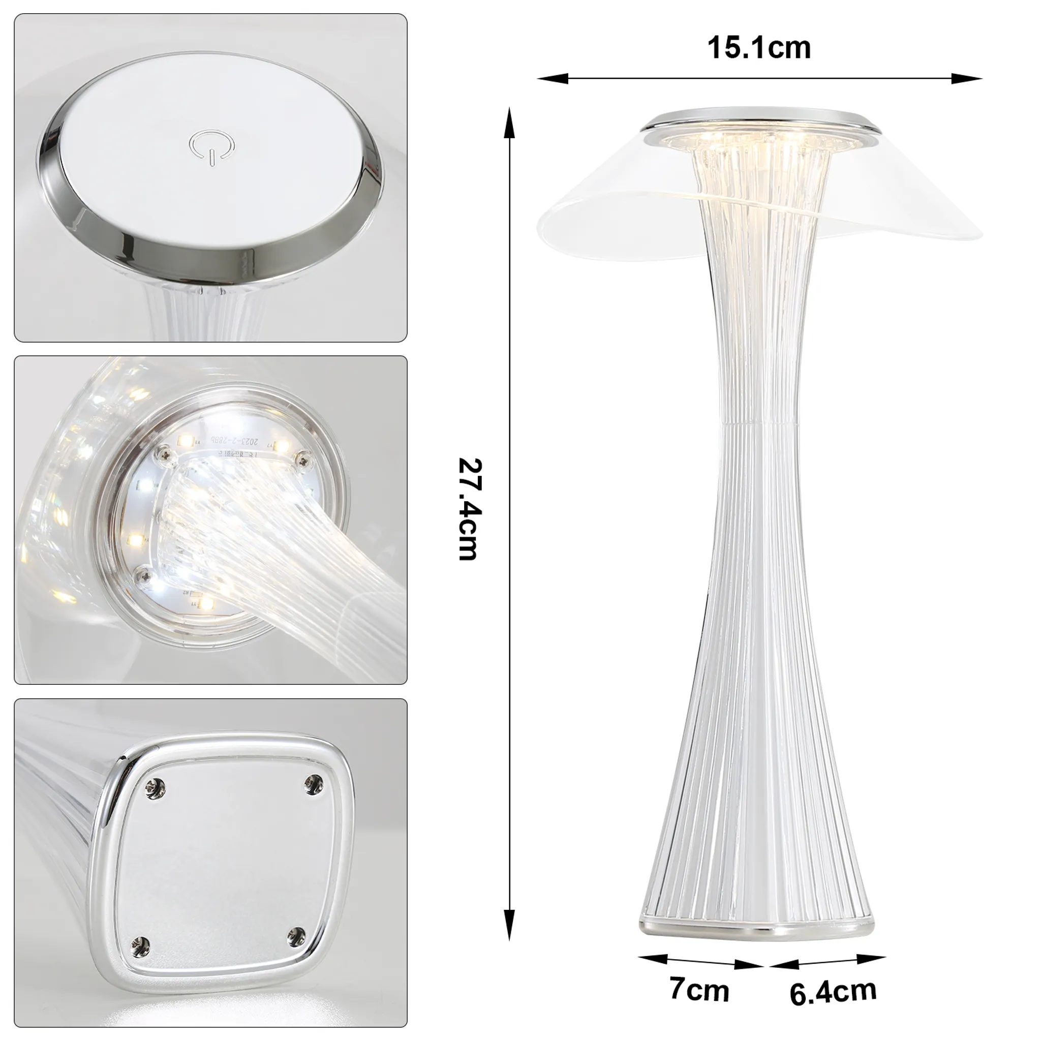 Nowoczesna lampa stołowa. Pokazano szczegóły góry lampy, wewnętrznych świateł i podstawy.