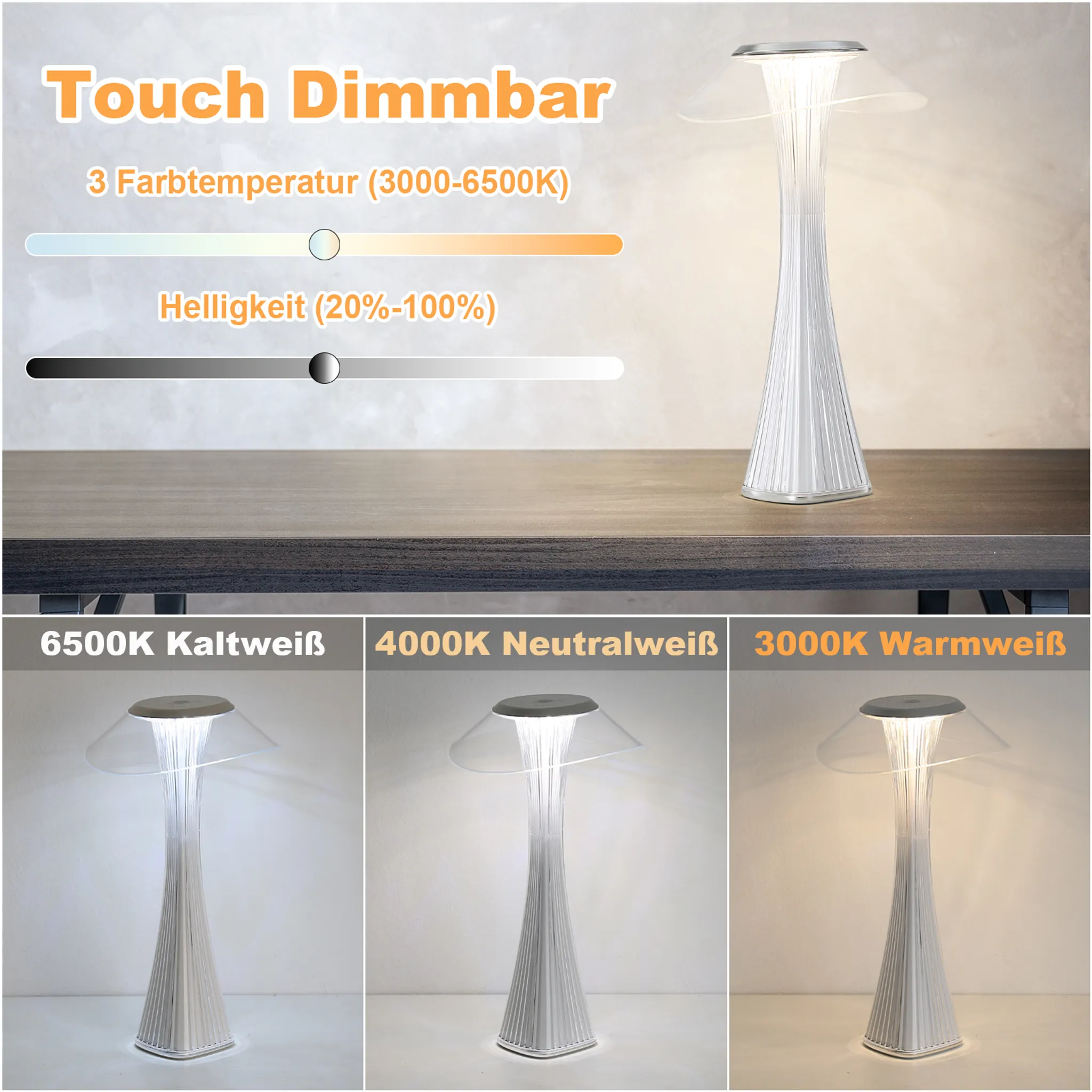 Biała i srebrna lampa z przezroczystym kloszem, stojąca na ciemnym stole. Poniżej pokazano trzy przykłady koloru światła.