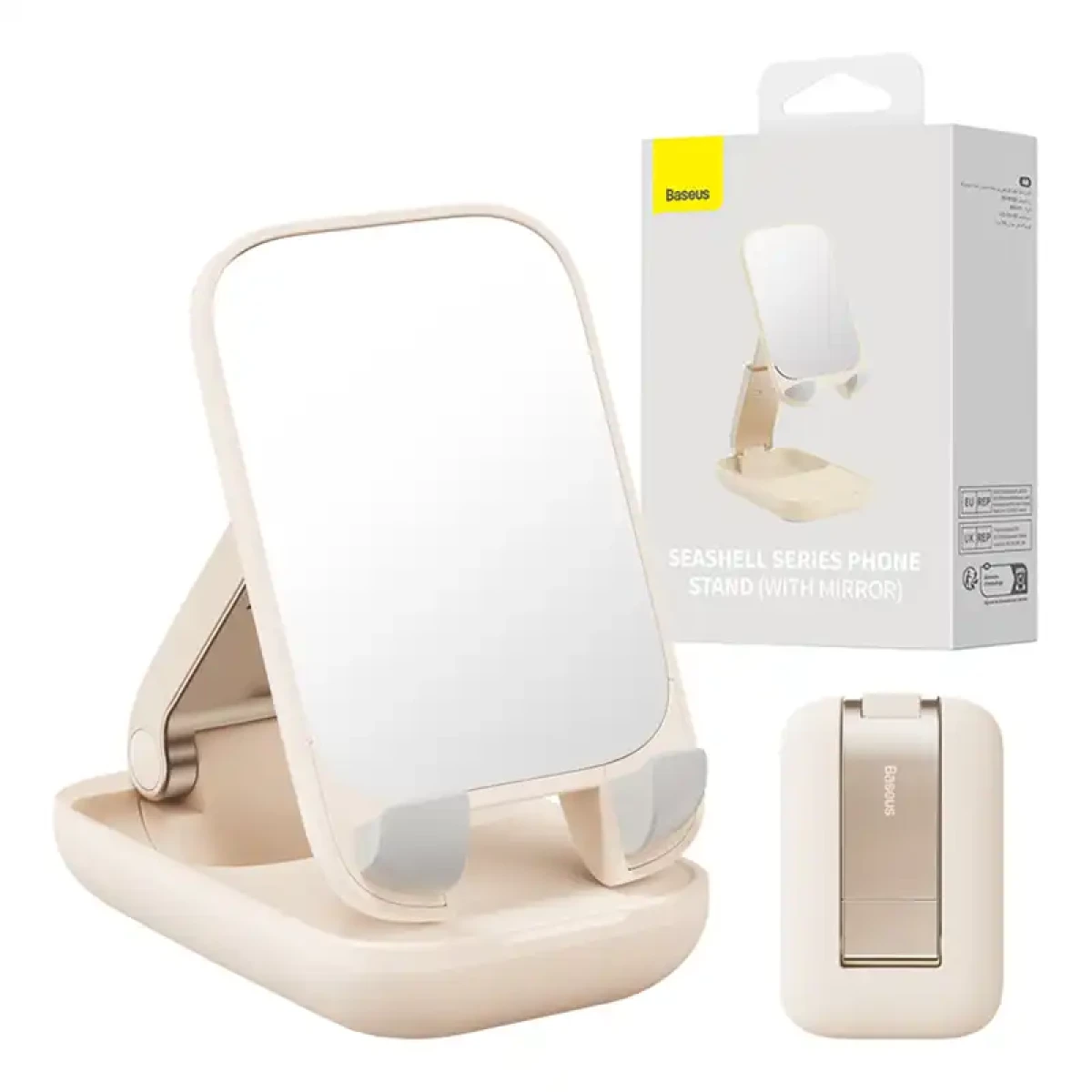 Zdjęcie przedstawia stojak na telefon z serii Seashell z lustrem w kolorze beżowym.