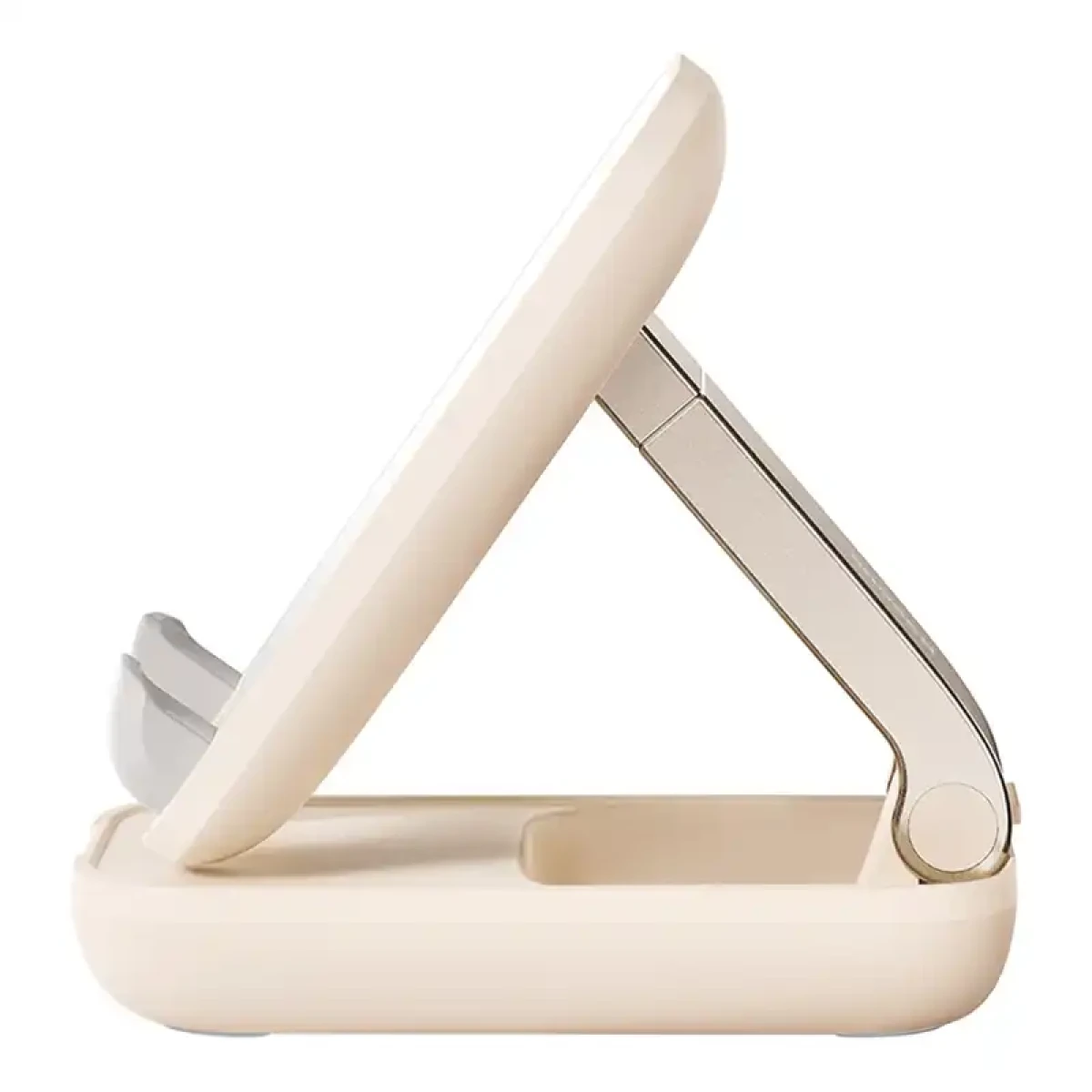 Zdjęcie przedstawia beżowy stojak na telefon z serii Seashell z lustrem w pochylonym widoku z boku.