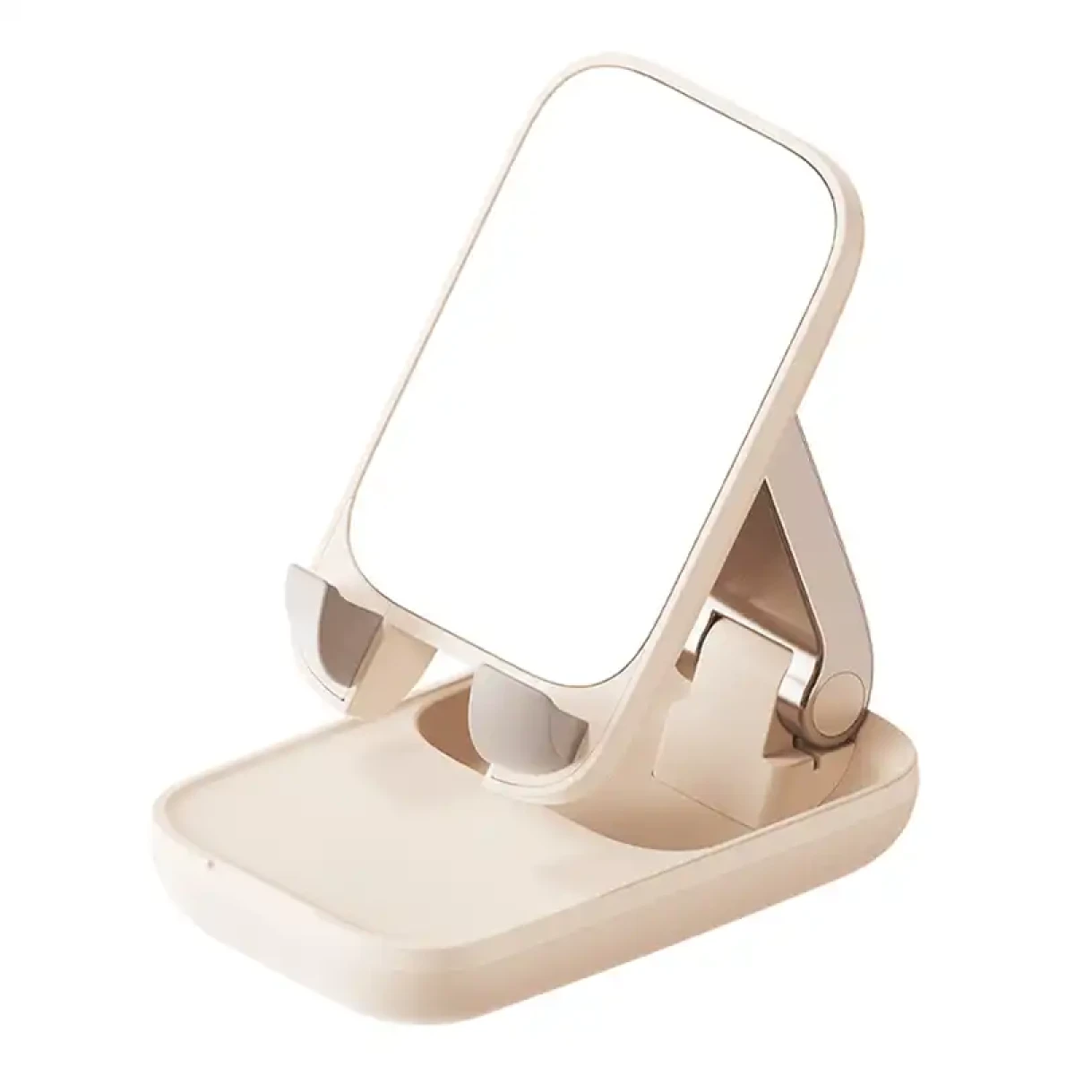 Mały, beżowy stojak na telefon z lustrem na białym tle.