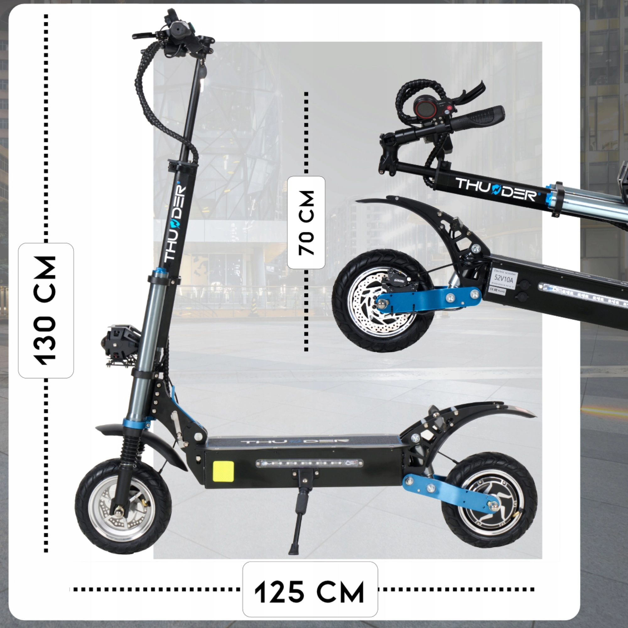 Hulajnoga elektryczna z zaznaczonymi wymiarami. Hulajnoga jest czarna i niebieska z przednim światłem i tylną tarczą hamulcową.