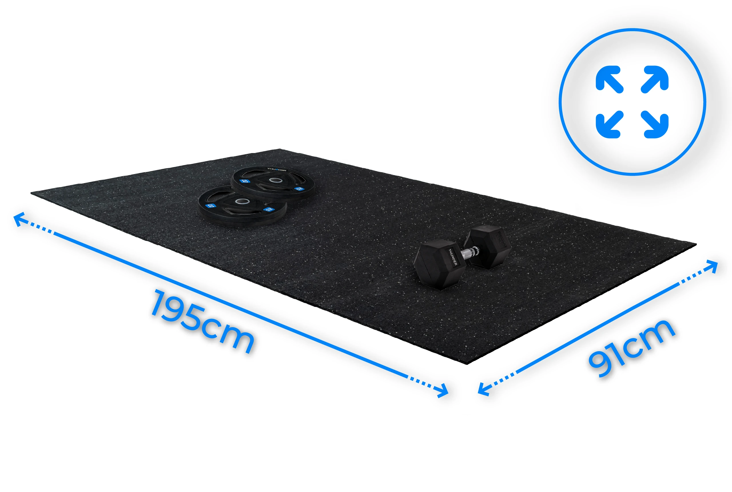 Czarna gumowa mata do ćwiczeń z ciężarami i wymiarami. Dwa talerze i hantle są na niej.