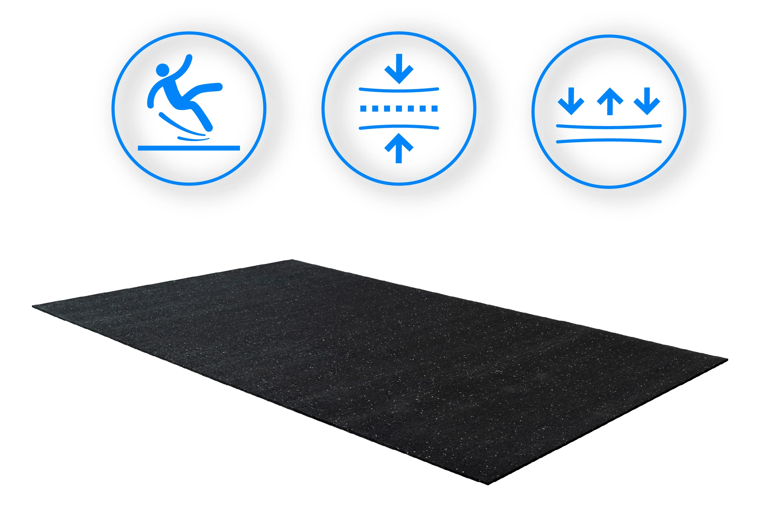 Czarna gumowa mata z trzema niebieskimi ikonami powyżej: upadająca osoba, kompresja i amortyzacja wstrząsów.