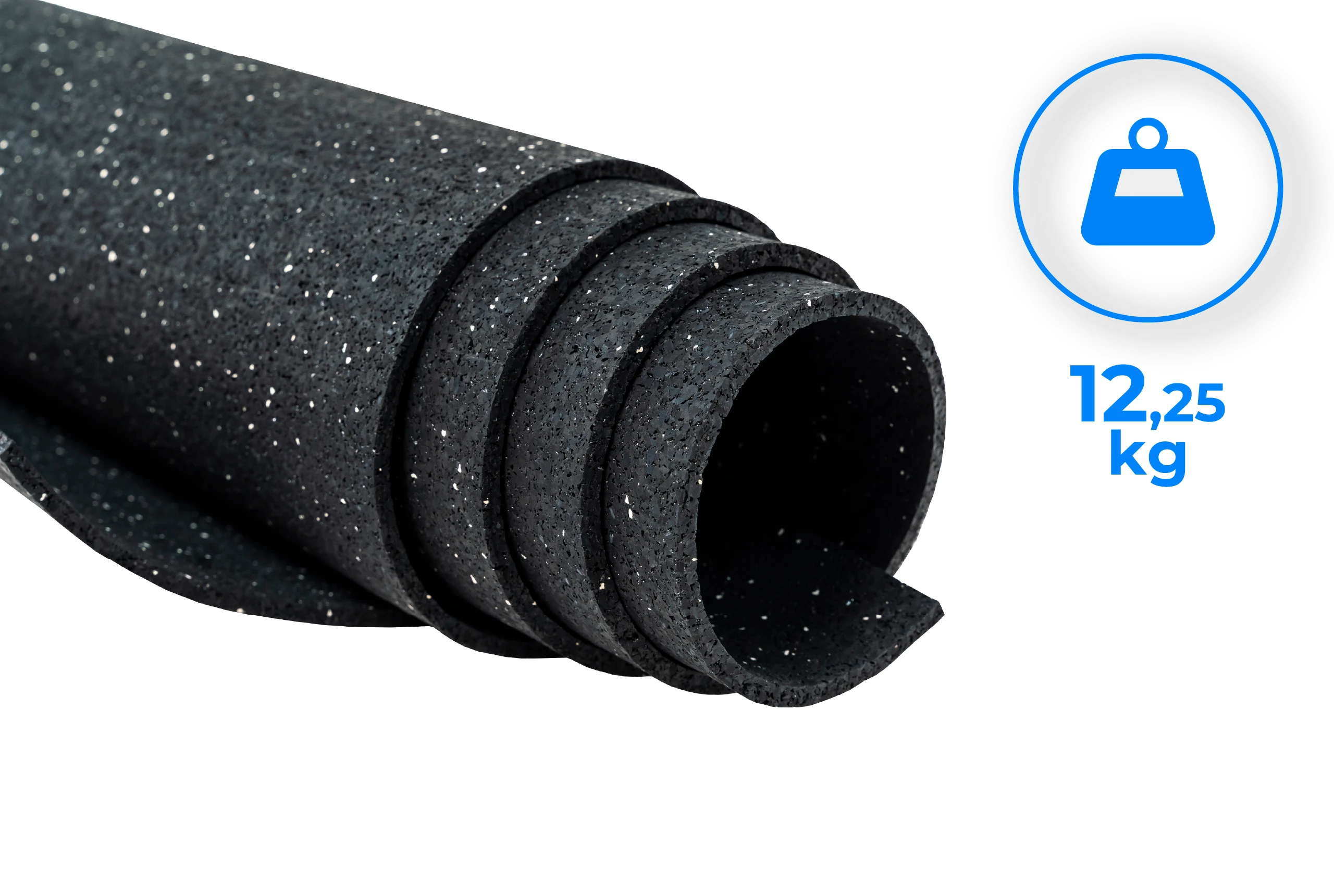 Zwinięta czarna mata gumowa z białymi plamkami, obok niebieskiej ikony wagi i tekstu 12,25 kg.