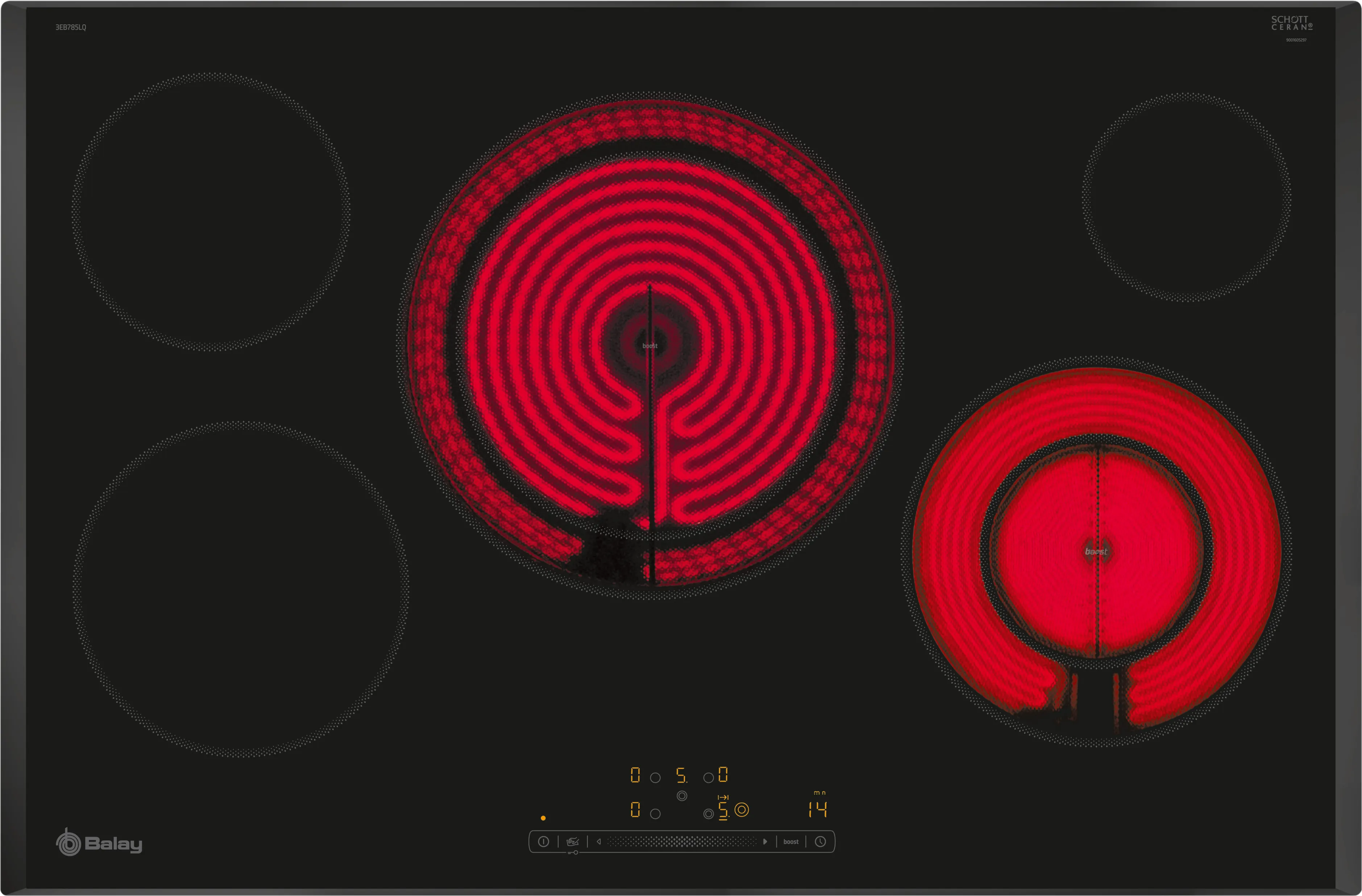Czarna płyta elektryczna z czerwonymi elementami grzewczymi. Wyświetlacz cyfrowy pokazuje ustawienia. Widoczne logo Balay.